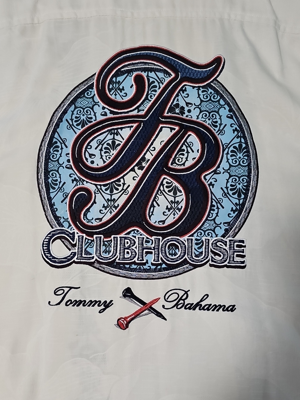 Tommy Bahama 2XL Embroidered Ivory Golf Shirt Lt.Blue & Navy Clubhouse Crest